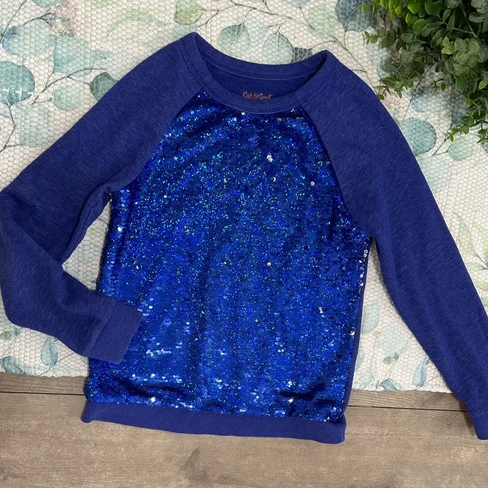 Cat & Jack Blue/Silver Sequin Girls Kids Sweatshirt Size Medium 7/8